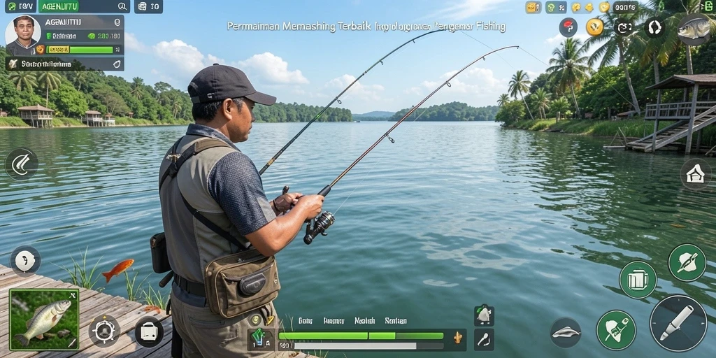 Screenshot gameplay AGENJITU yang menunjukkan aksi memancing seru.