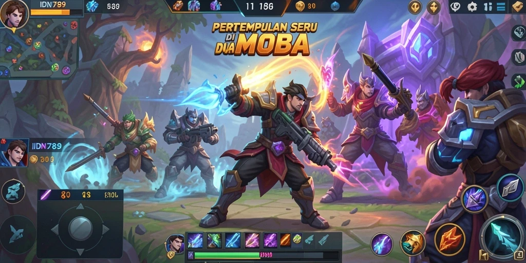 Menampilkan aksi seru dalam gameplay MOBA IDN789.