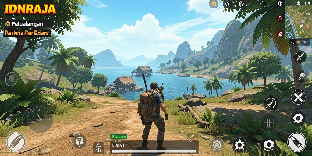 Tangkapan layar gameplay IDNRAJA menunjukkan eksplorasi dunia yang luas.