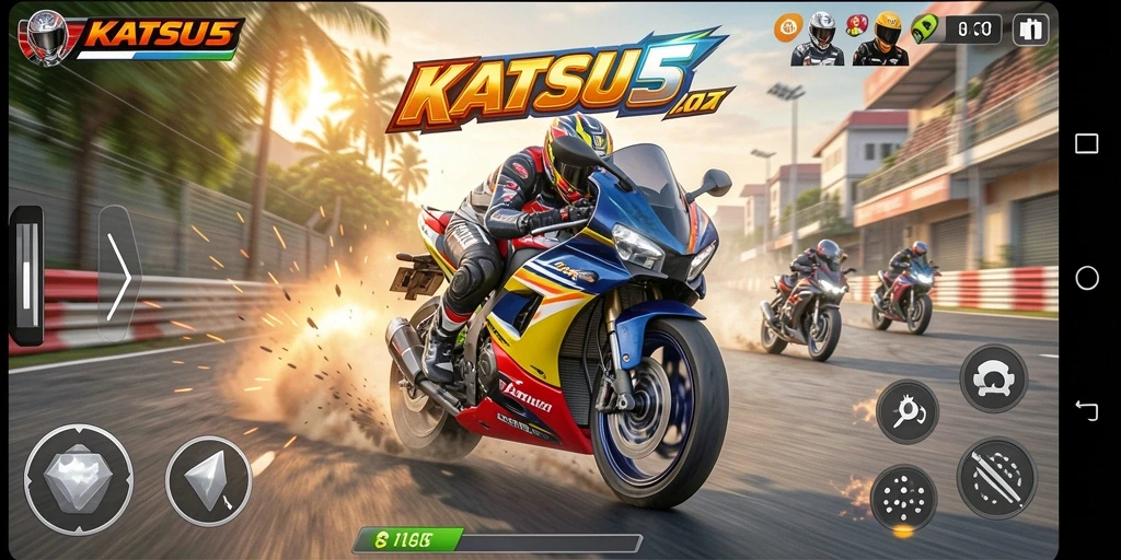 Tampilan gameplay <strong>KATSU5</strong> menunjukkan aksi balapan motor yang mendebarkan dan grafis yang menawan.
