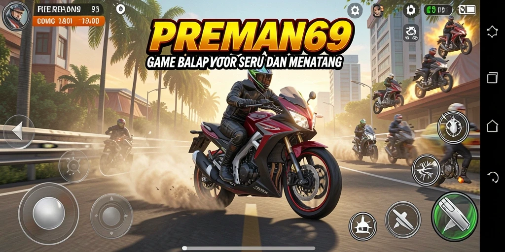Tangkapan layar PREMAN69 menampilkan aksi balap motor yang seru dan mendebarkan.
