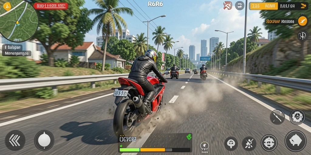 Tangkapan layar R6R6 menunjukkan balapan motor yang seru dan menantang.
