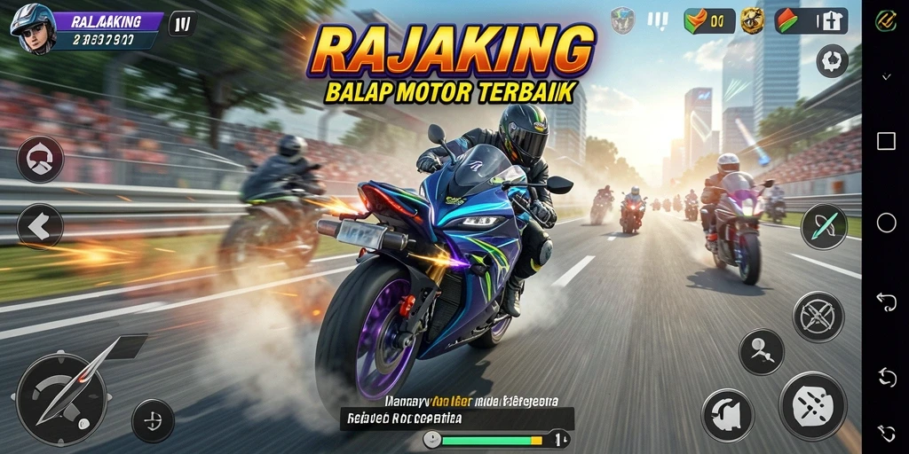 Screenshot gameplay RAJAKING yang menampilkan aksi balap motor yang intens.