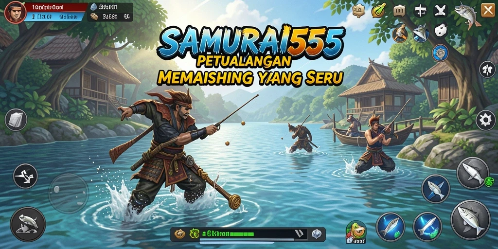 Screenshot gameplay SAMURAI555 dengan berbagai lokasi memancing indah.