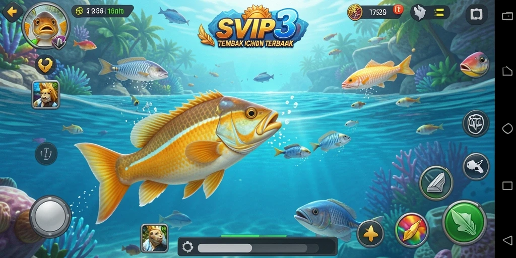 Screenshot gameplay SVIP3 menampilkan aksi menangkap ikan yang seru.
